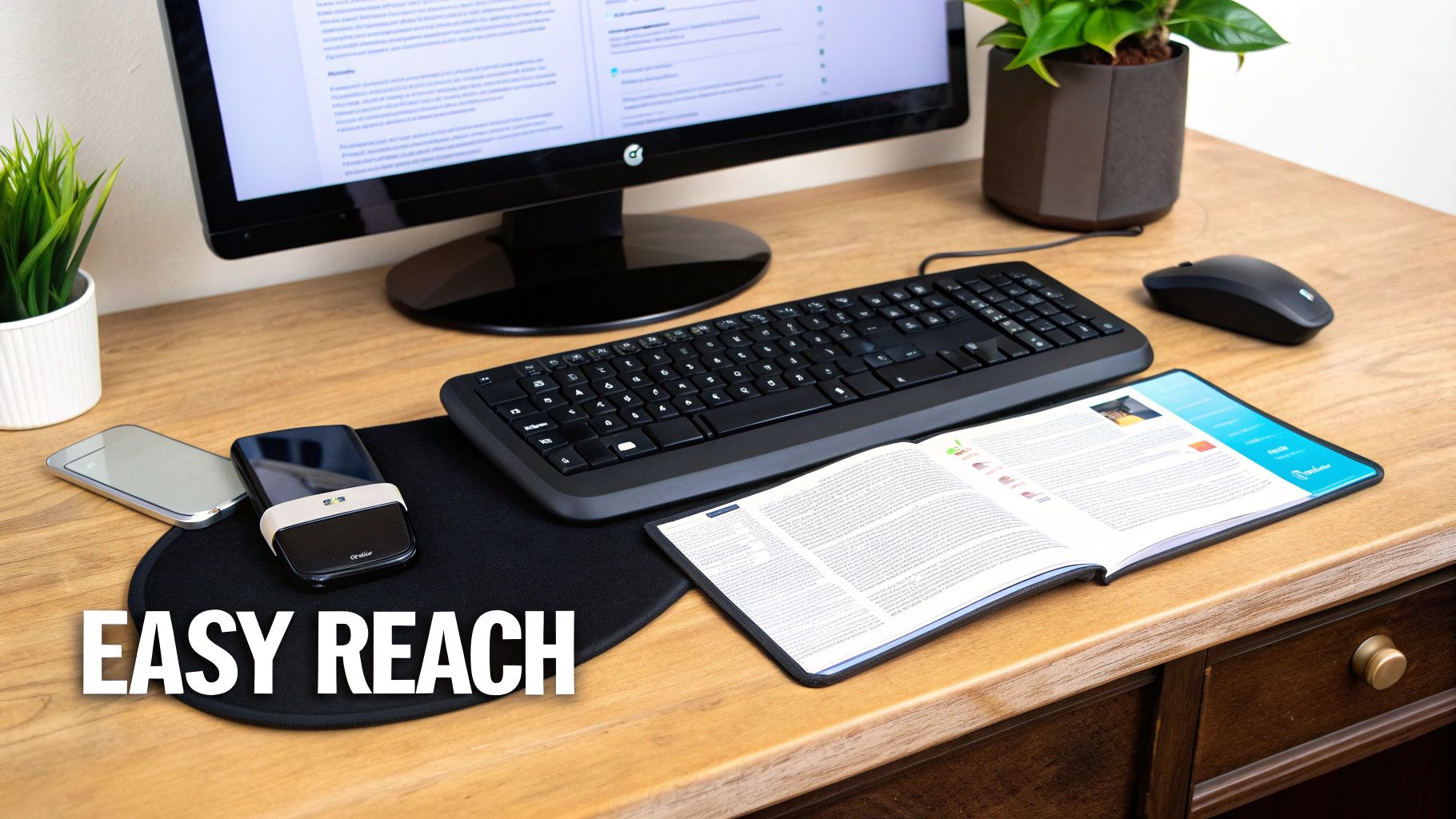 A neatly organized home office desk with a monitor, keyboard, mouse, phones, and an open book.