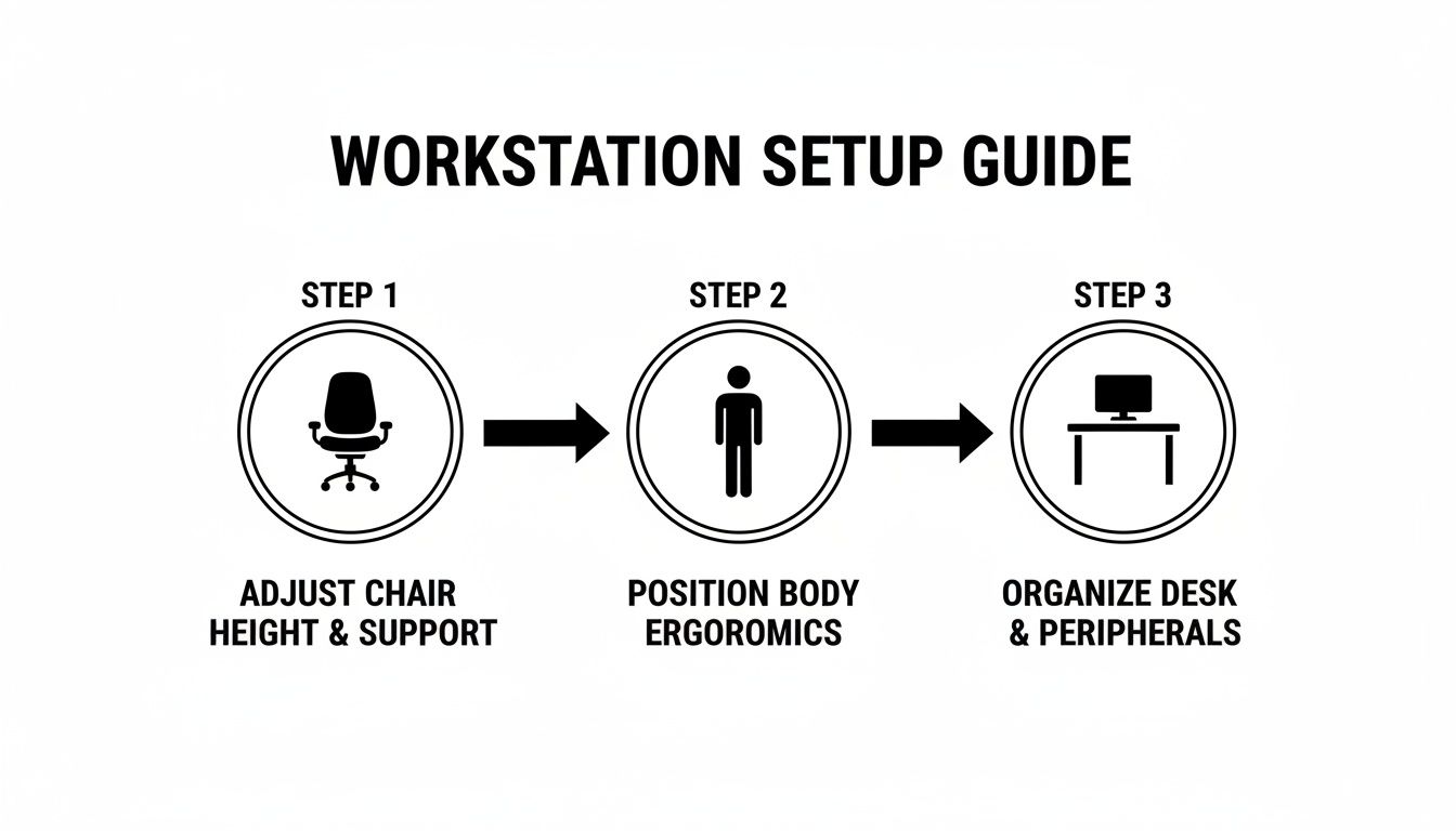 A guide showing three steps for setting up an ergonomic workstation with chair, body, and desk adjustments.