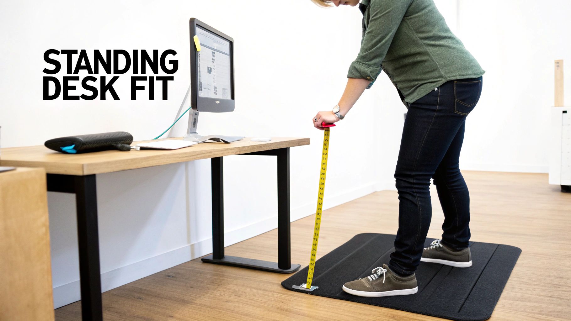 A person measures the ideal height of a standing desk with a tape measure while on an anti-fatigue mat.