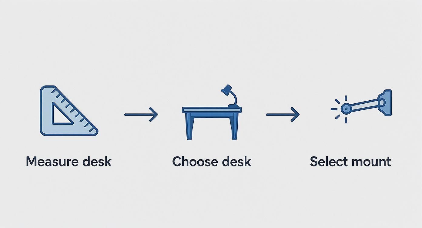 Three-step process diagram showing icons for measuring desk, choosing a desk, and selecting a mount.