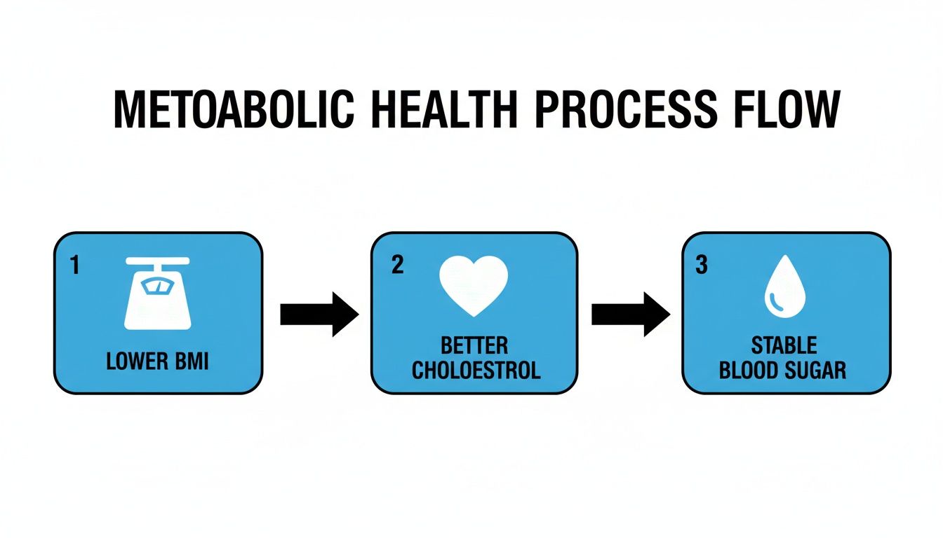 A diagram illustrating the metabolic health process flow: lower BMI, better cholesterol, and stable blood sugar.