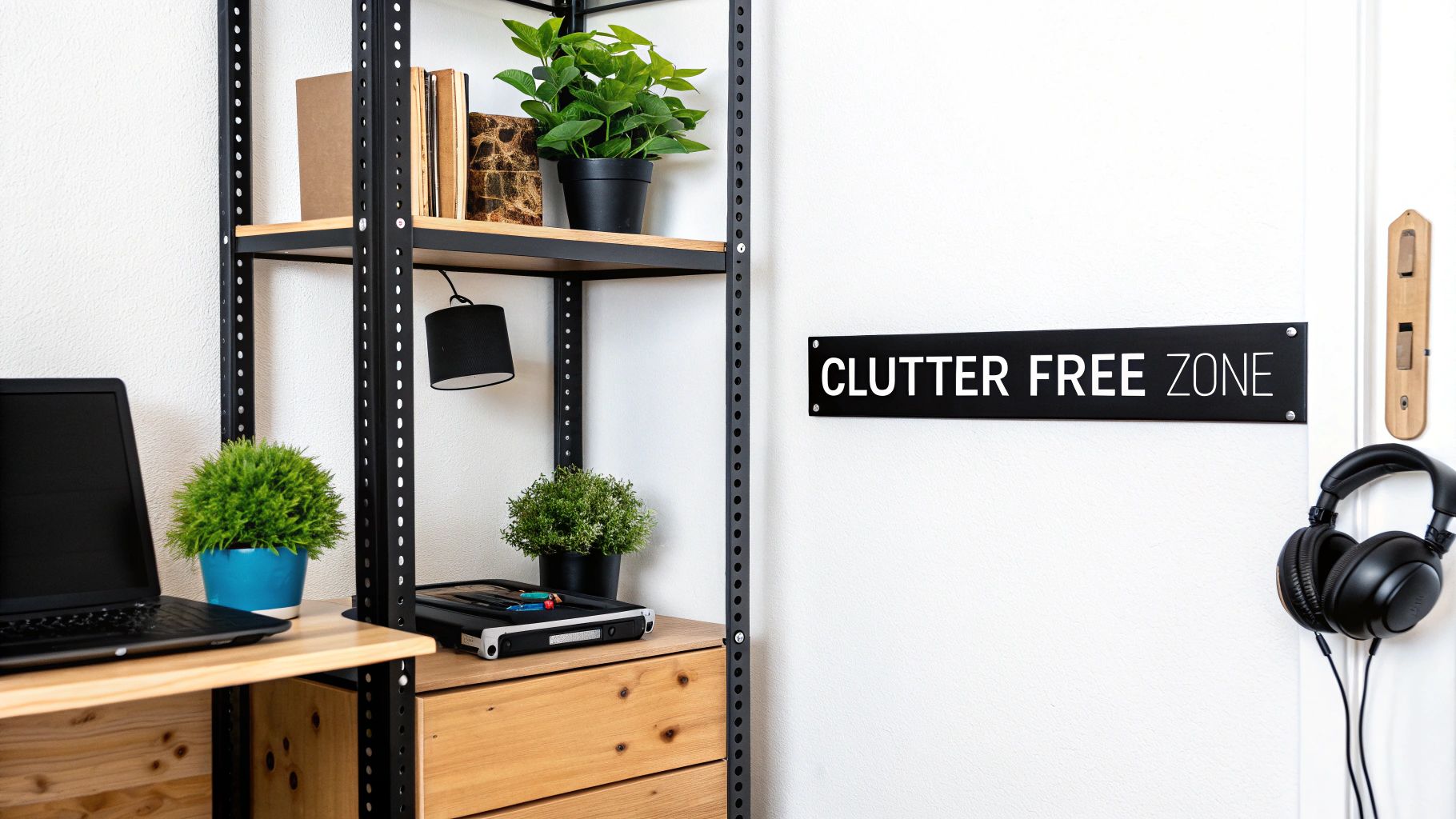 A clean and organized home office setup with shelves, potted plants, a laptop, and a 'Clutter Free Zone' sign on the wall.