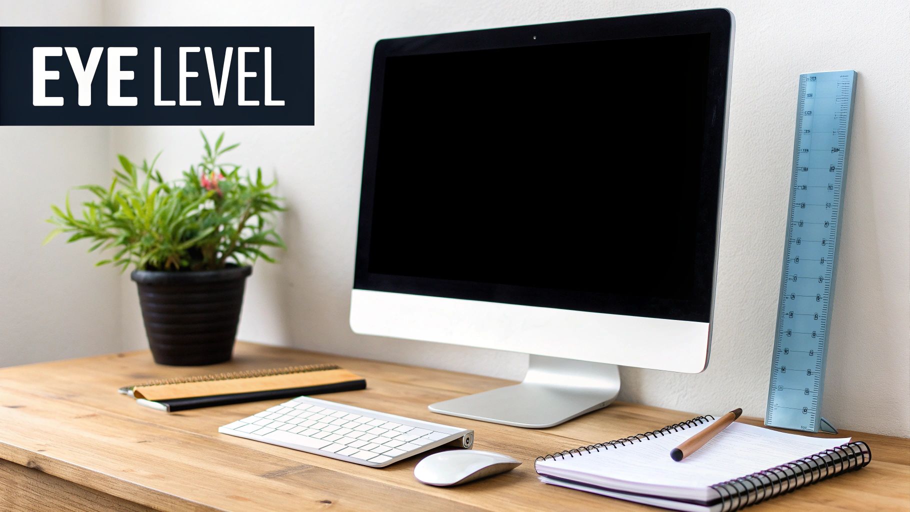 A clean ergonomic desk setup with a computer monitor, keyboard, mouse, plant, and notebooks.