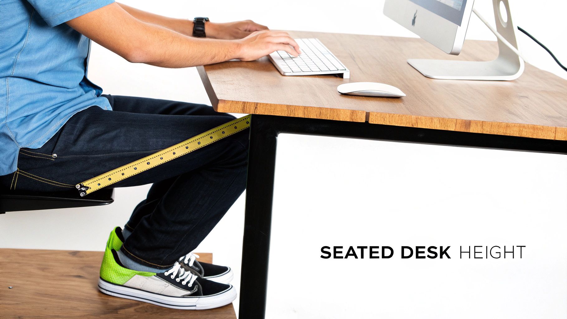 A person measures the space between their lap and a wooden desk, illustrating seated desk height ergonomics.