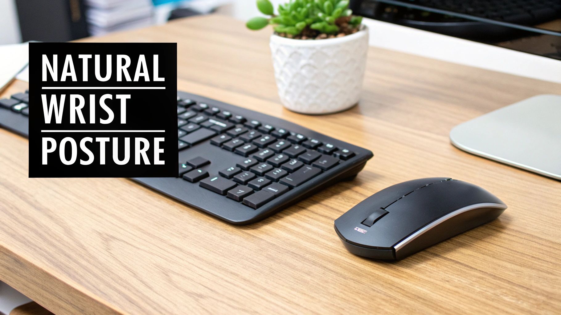 A black ergonomic mouse and keyboard on a wooden desk with a plant, highlighting natural wrist posture.