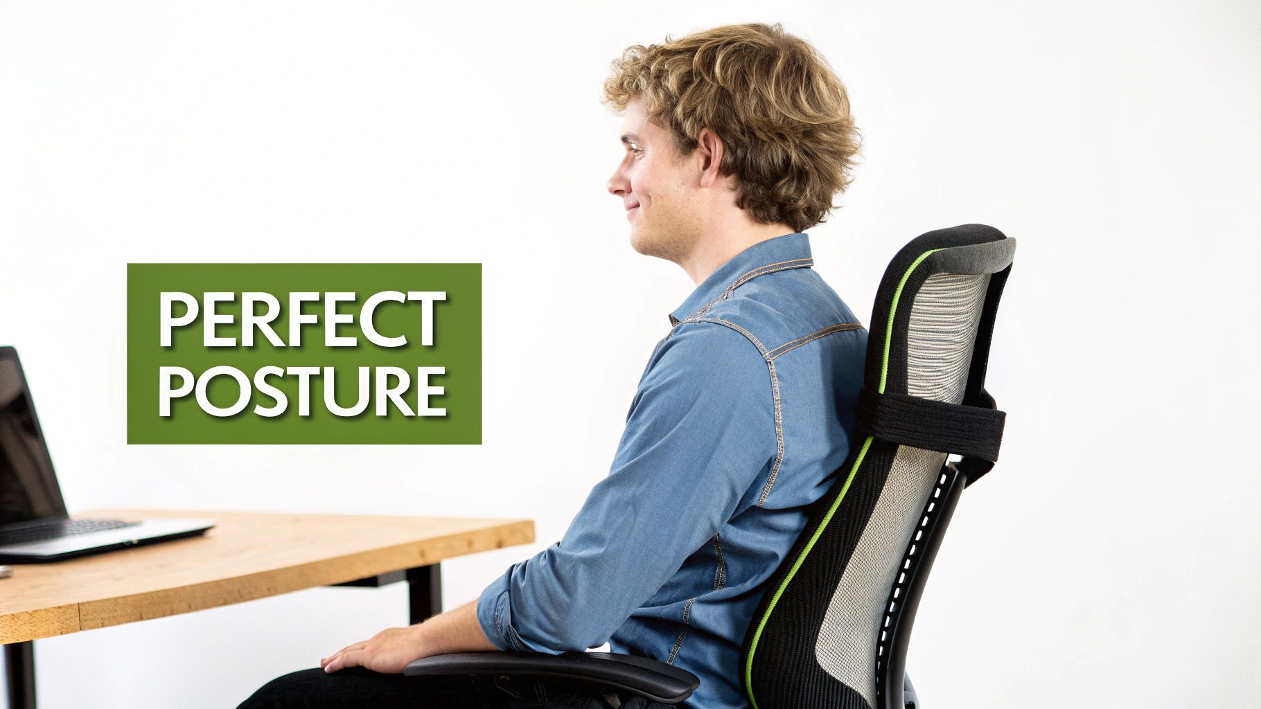 A young man with perfect posture sits in an ergonomic office chair at a desk with a laptop.