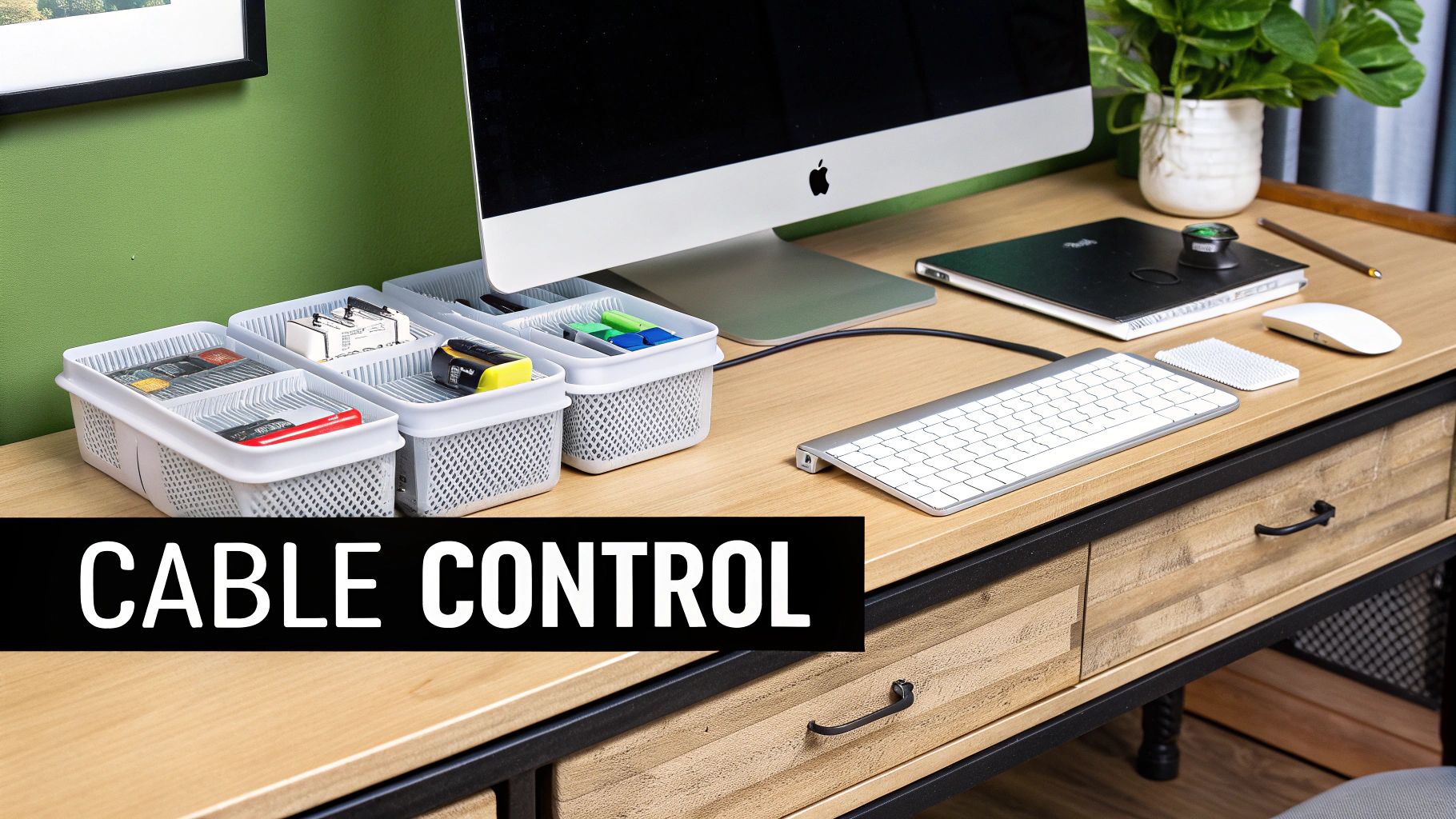Organized home office desk featuring a computer, plant, and white baskets for cable management.