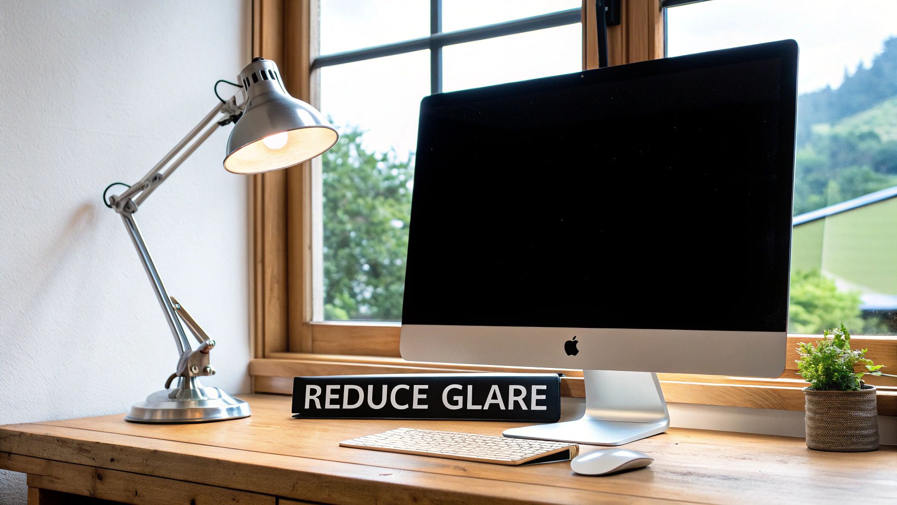 A bright home office setup with a computer, adjustable lamp, and "REDUCE GLARE" sign.