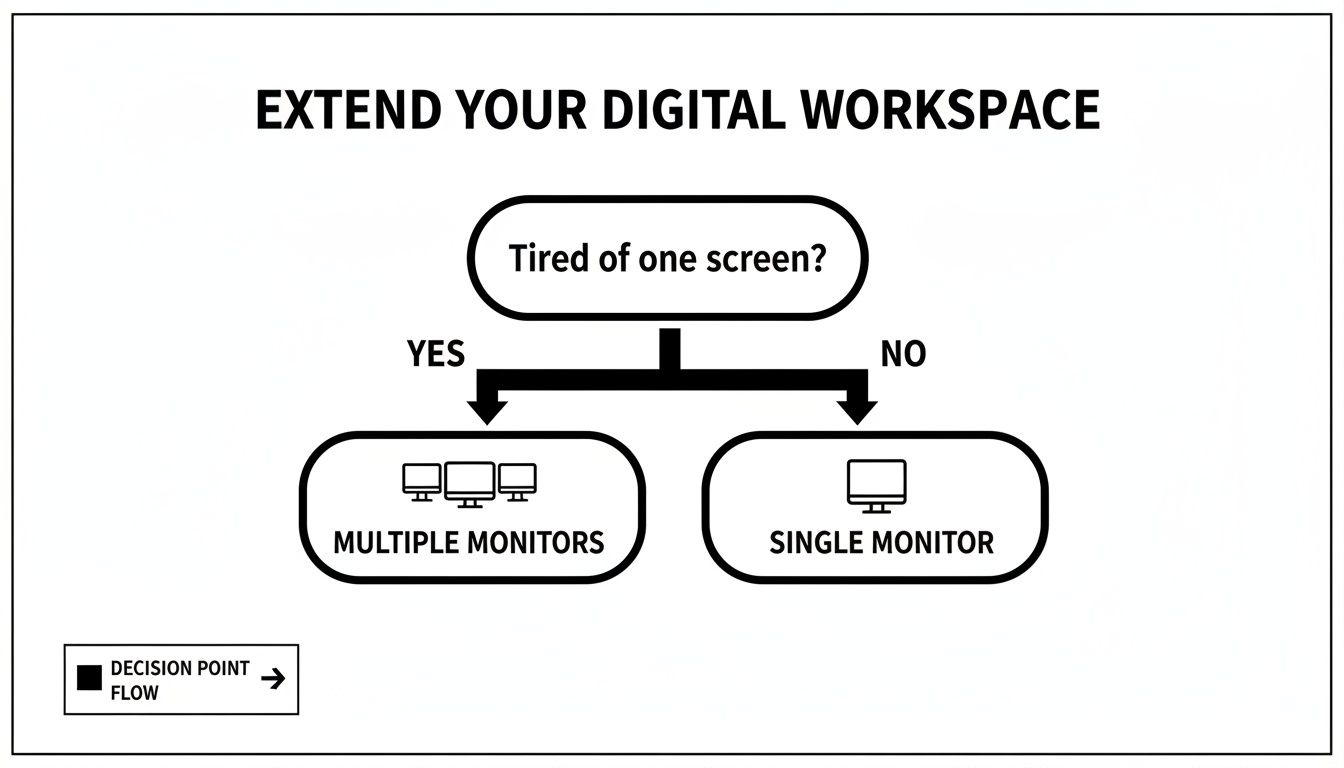Decision tree: if tired of one screen, choose multiple monitors; otherwise, use a single monitor.