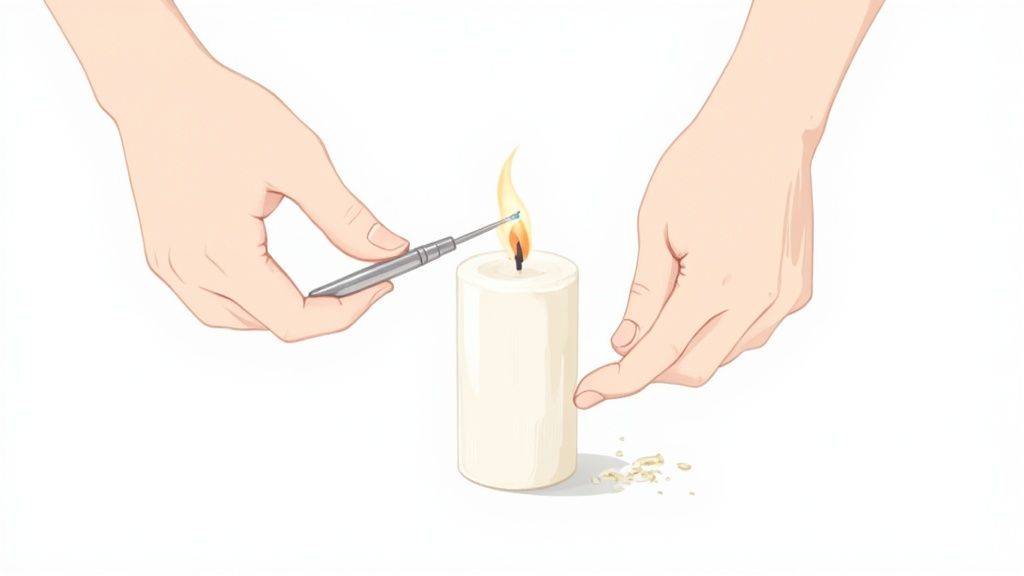 Close-up of a wick trimmer neatly cutting the wick of a soy candle before lighting.