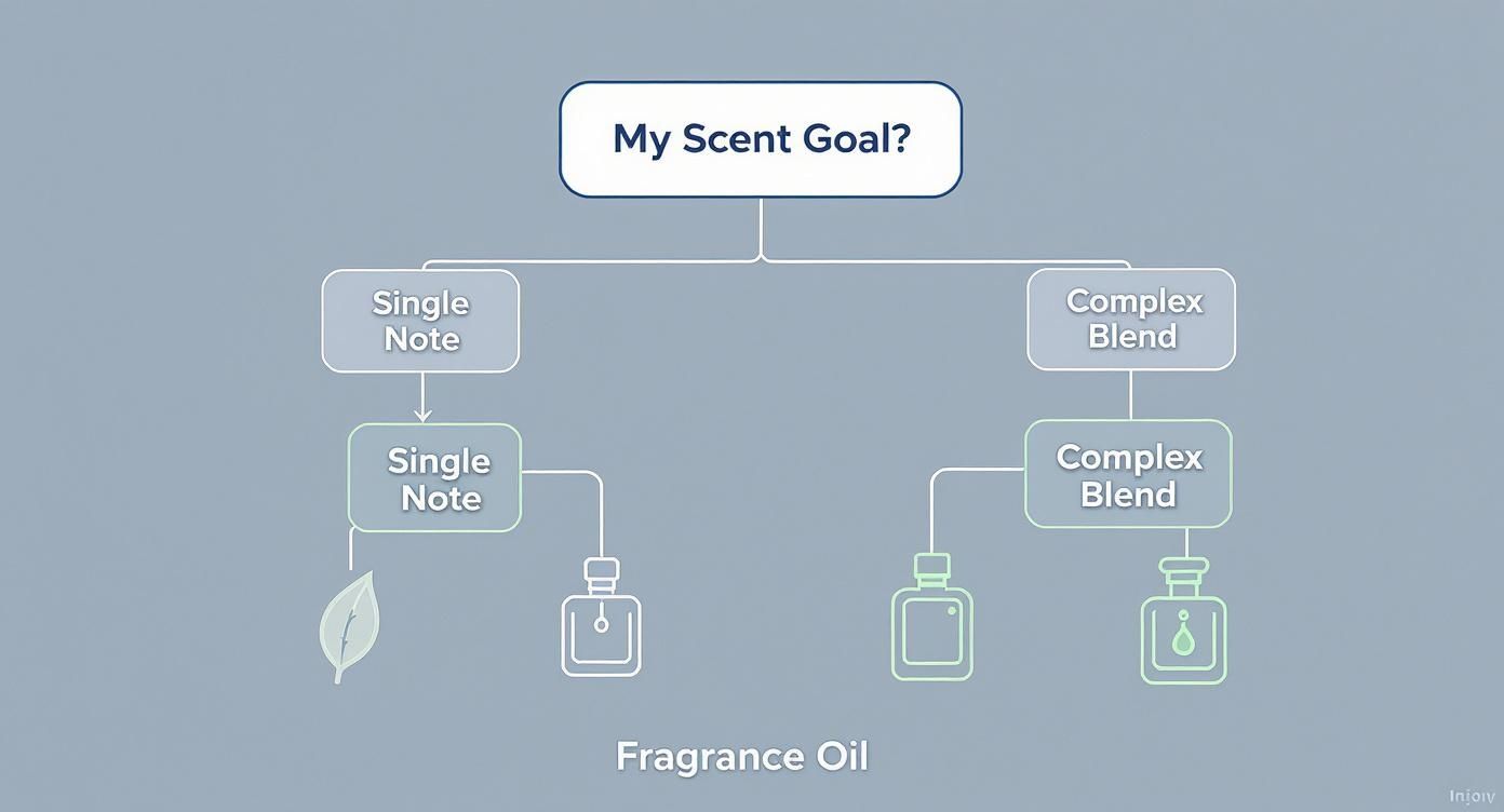 Infographic decision tree for choosing between single note and complex blend fragrance oils.