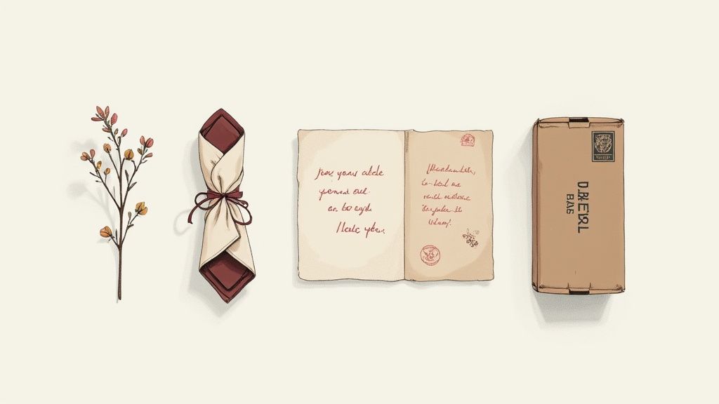 A beautifully wrapped gift with a white candle, dried flowers, and a ribbon.