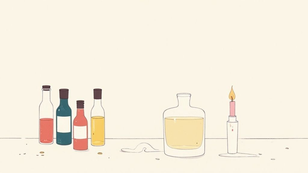 Various small bottles of fragrance oils arranged on a wooden surface.