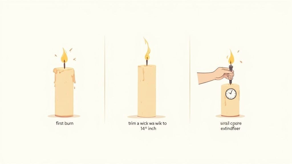 A lit candle showing a well-trimmed wick and an even melt pool.