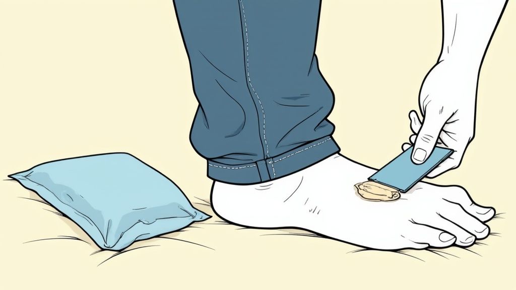 An iron pressing on a paper towel over a wax stain on fabric