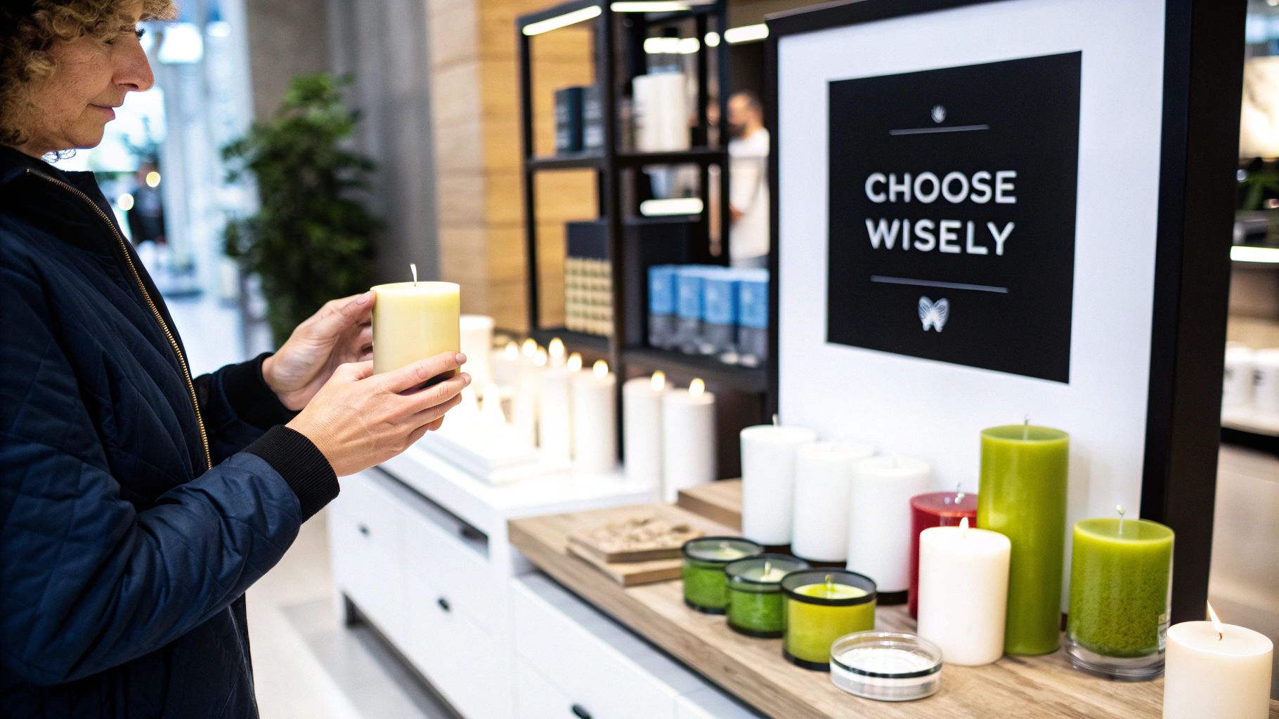 Several clean burning candles in stylish jars being displayed on a modern retail shelf.