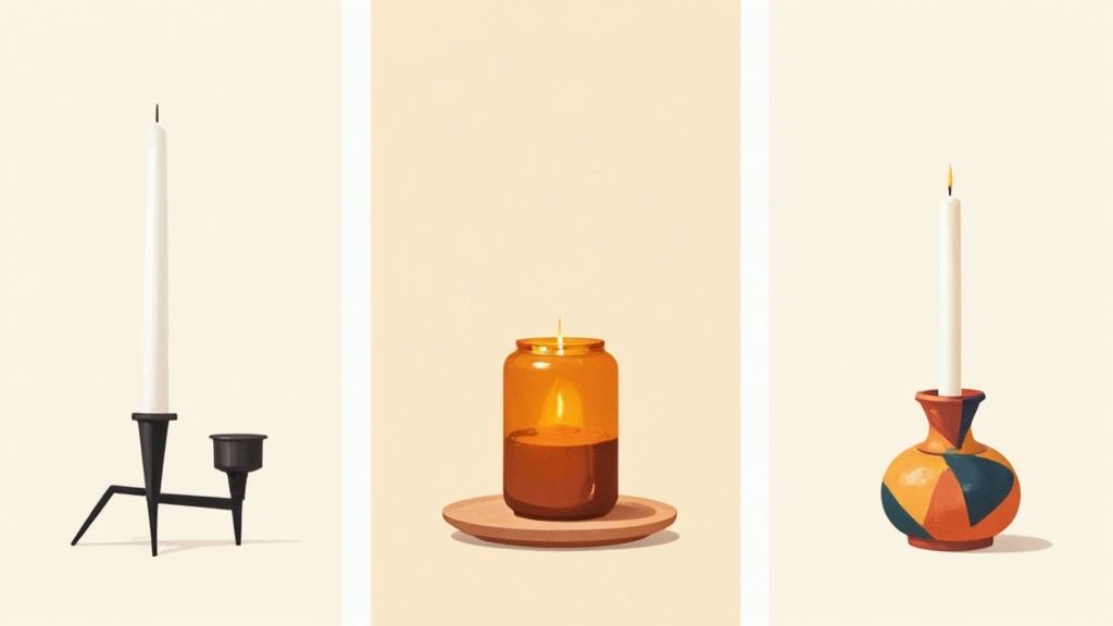 A beautifully styled living room featuring decorative candles and holders.