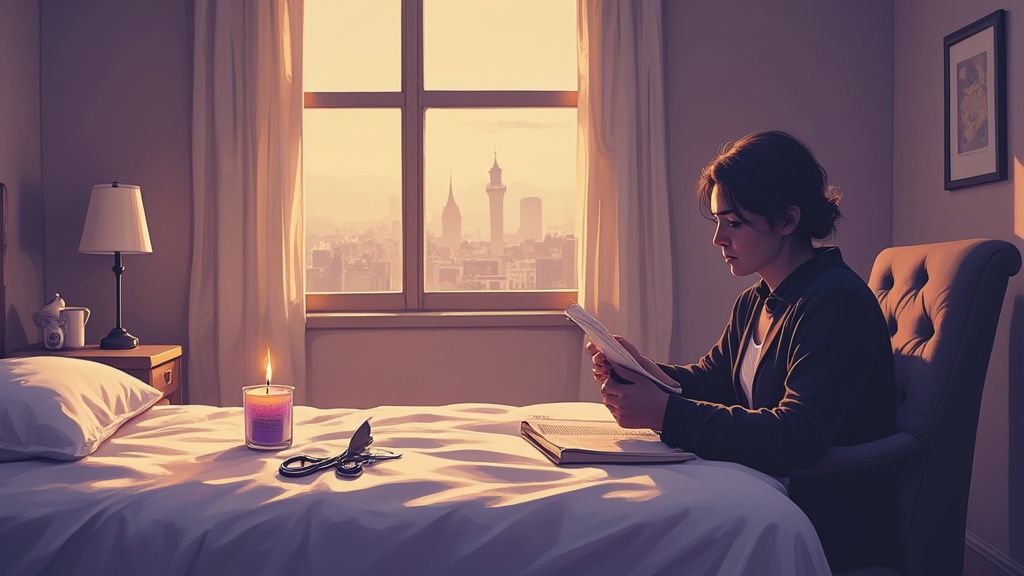 Woman reading peacefully beside lit aromatherapy candle on bed at sunset with city view