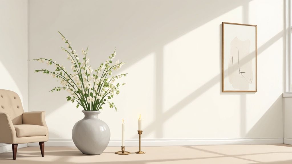 A minimalist home interior with a lit lily of the valley candle on a wooden table.