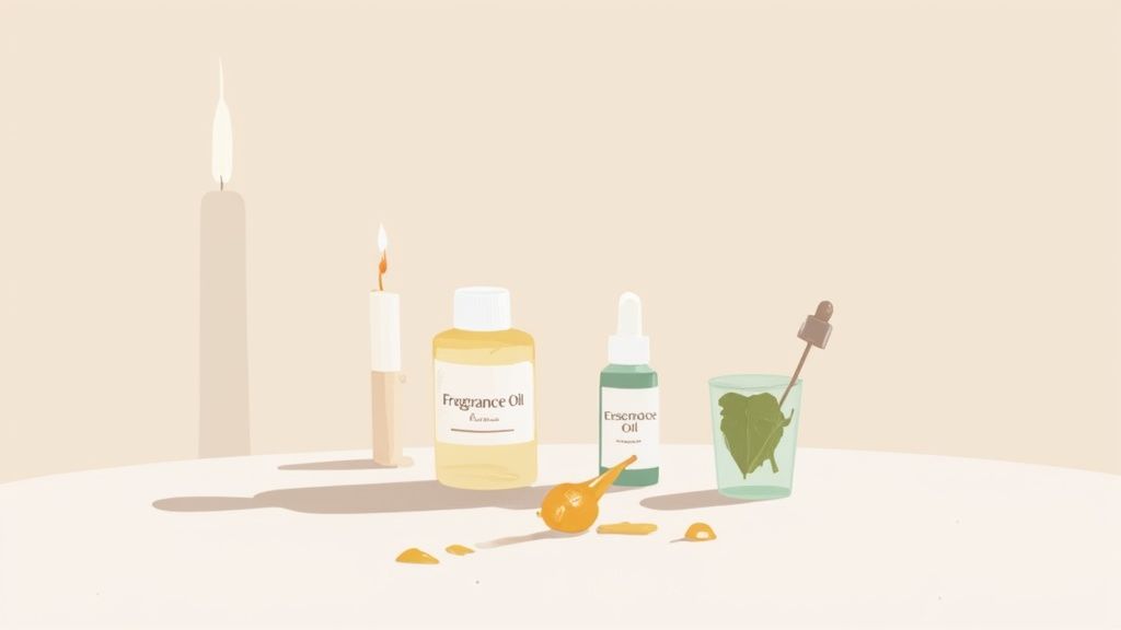 Bottles of fragrance oil next to candle-making supplies