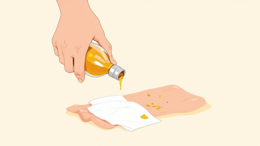 Hand pouring oil from bottle onto white cloth placed on skin to remove wax
