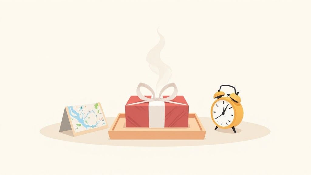 A beautifully wrapped gift being presented during a romantic dinner.