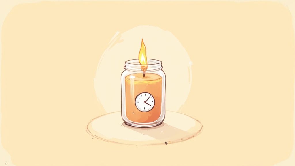 An overhead shot of a lit soy candle showing a full, even melt pool reaching the edges of the container.