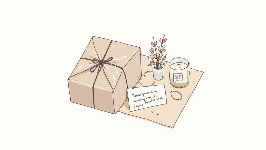 A person wrapping a Mother's Day gift with brown paper, twine, and a sprig of greenery.