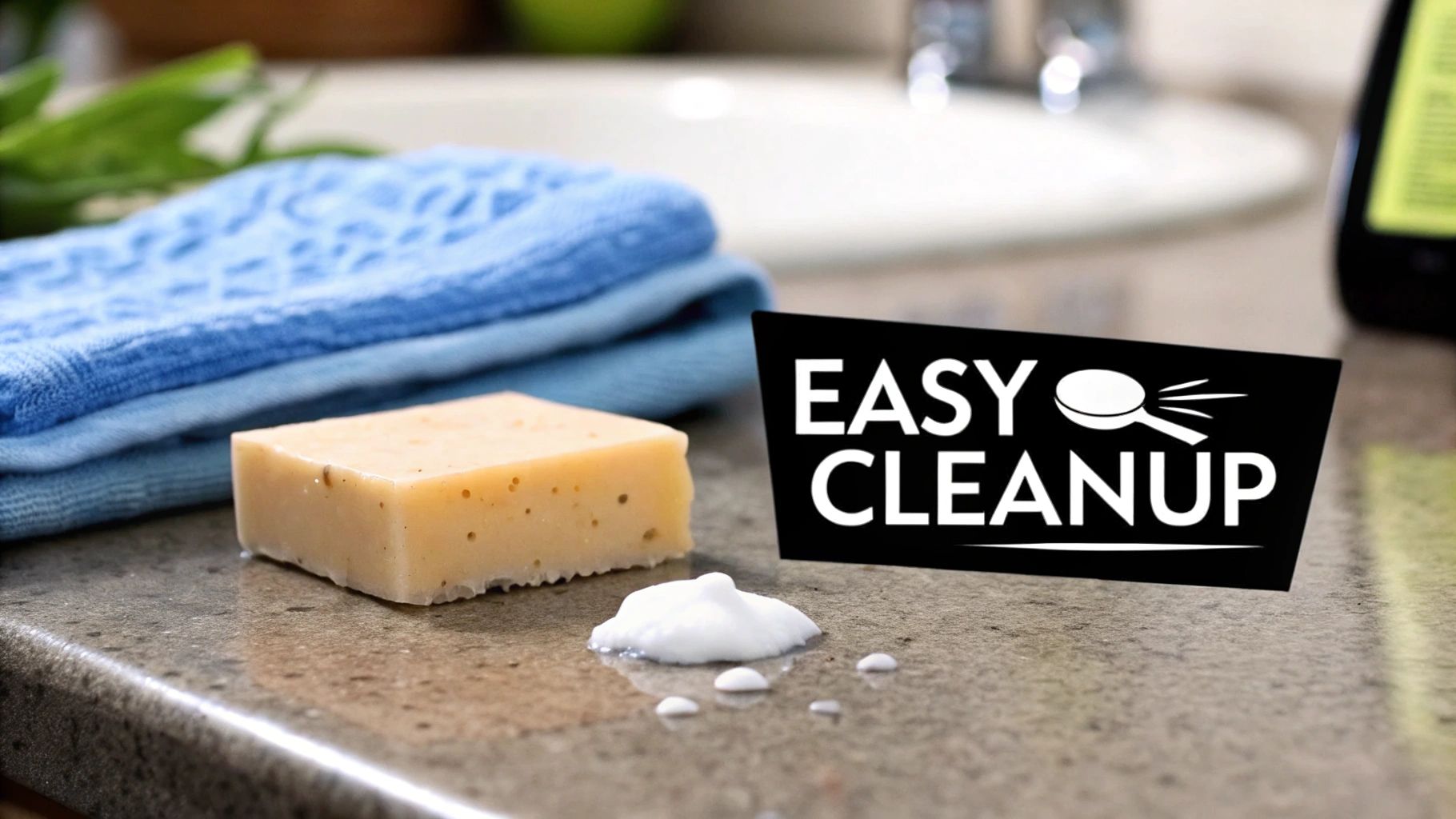 A person easily wiping away a small soy wax spill from a wooden table with a cloth, highlighting the simple cleanup process.