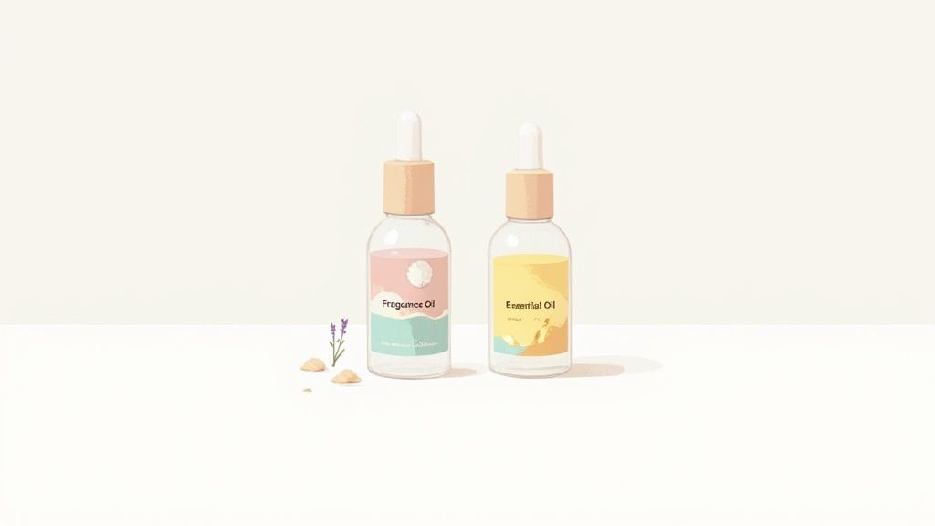 A collection of small amber bottles containing fragrance oils next to a modern white diffuser emitting a gentle mist.