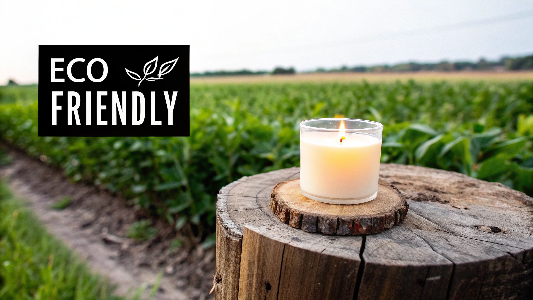 A hand holding a lit soy wax candle, with lush green soybean plants in the background, highlighting its sustainable and natural source.