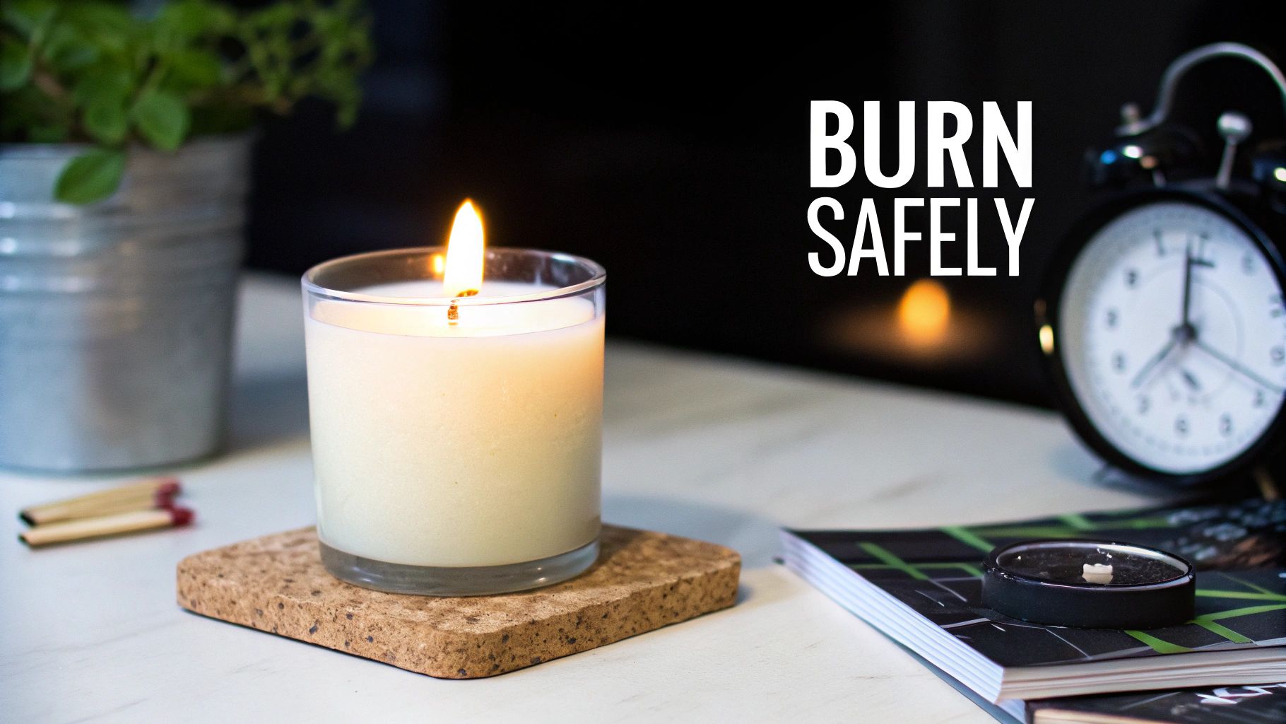 A person trimming the wick of a soy candle in a cozy home setting.