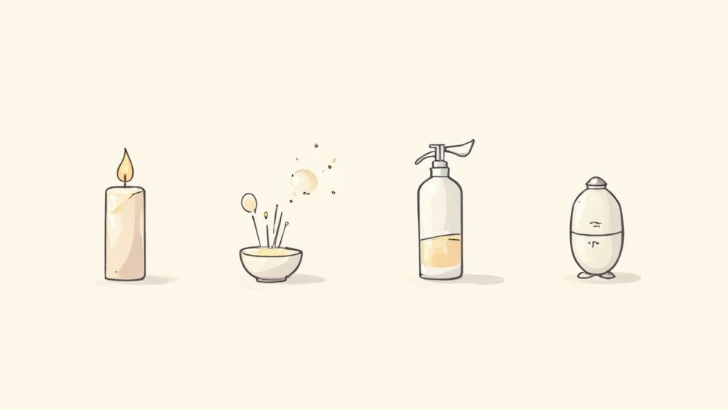 A collection of home fragrance products including a candle, room spray, and reed diffuser arranged on a tray.