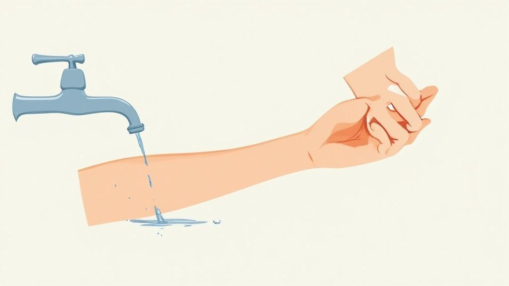 Hands washing wax off skin under running water from faucet