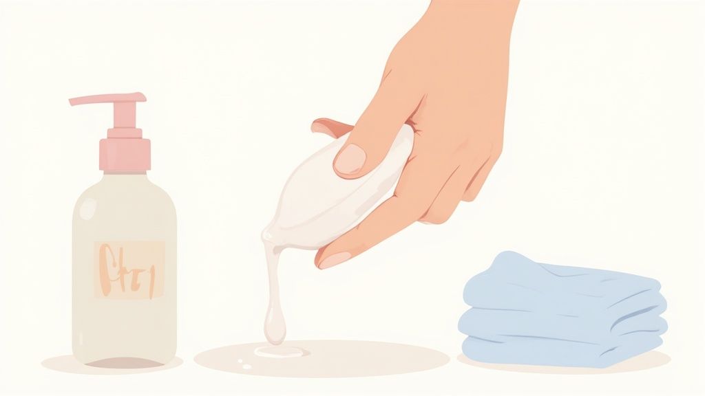 Hand squeezing lotion onto surface with soap dispenser and folded towels nearby