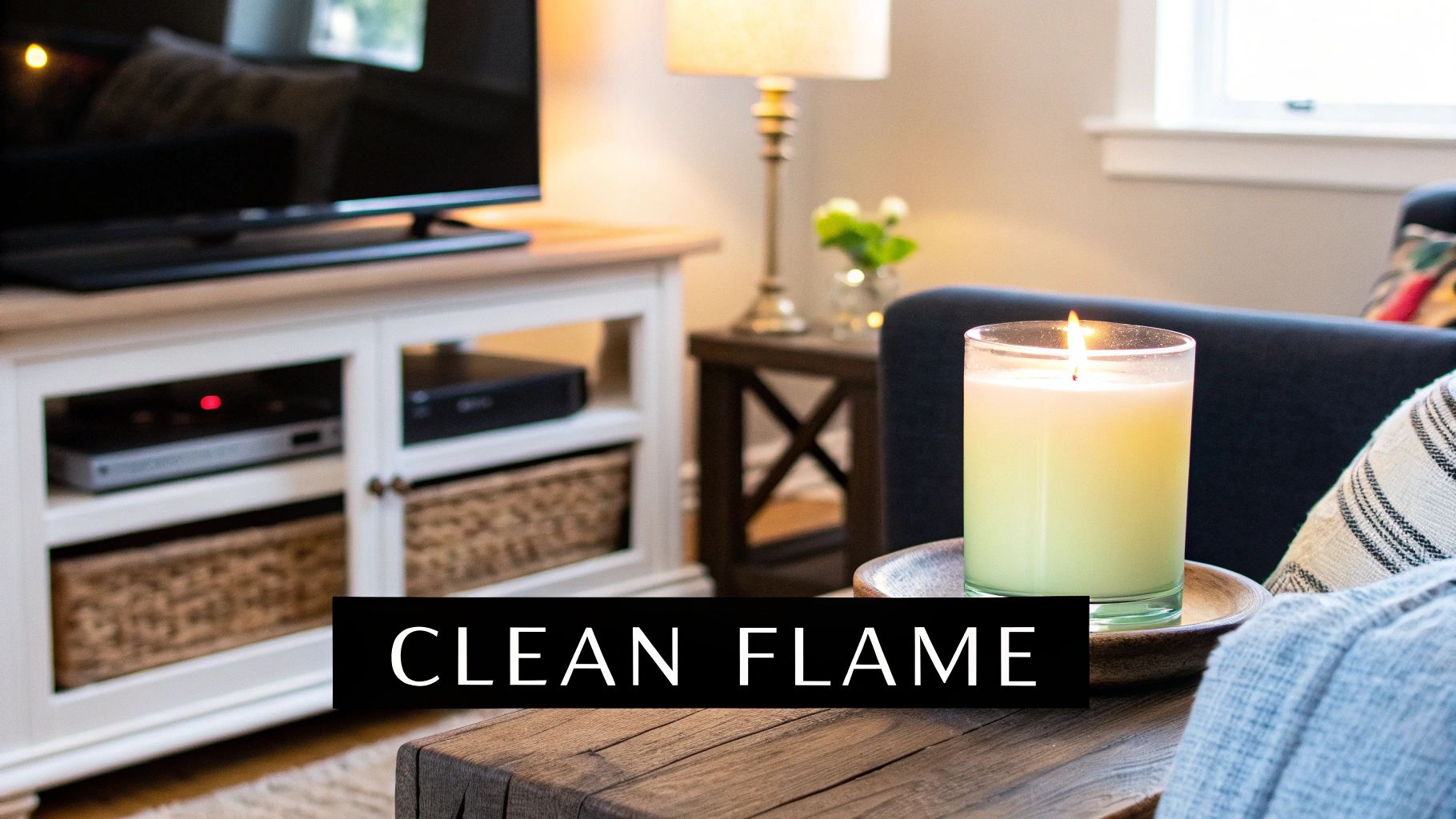 A cozy living room with a lit candle on a wooden table, emphasizing a healthy home environment.