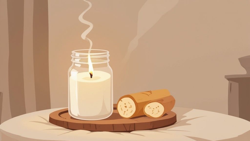 Burning candle in glass jar with cinnamon sticks on wooden board creating peaceful ambiance