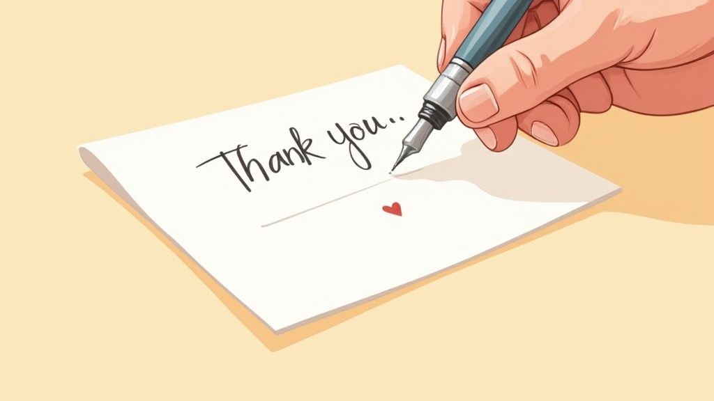 A child's hands writing a thank you note with colourful markers.