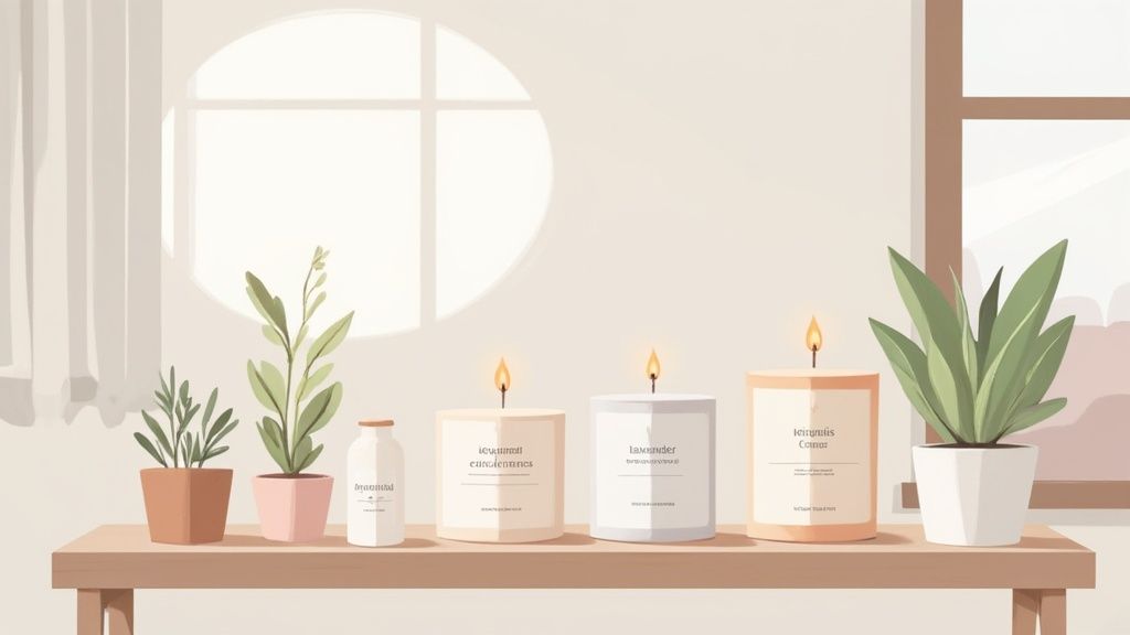 A woman lighting a natural essential oil candle in a cozy home setting.