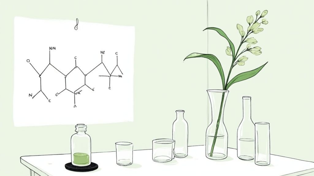 A perfumer's hand carefully arranges lily of the valley flowers on a white surface.