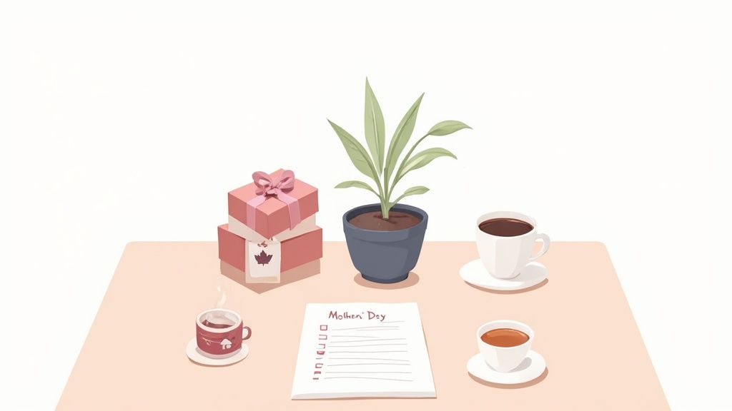 A beautifully wrapped Mother's Day gift with pink flowers and a ribbon on a wooden surface