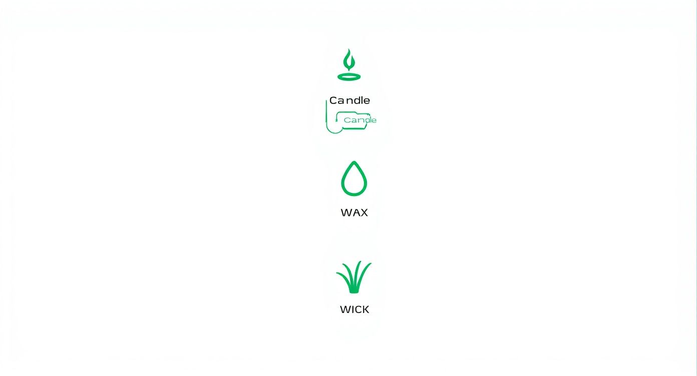 An infographic showing the hierarchy of premium candle components, starting with the candle, then the soy wax, fragrance, and wick.