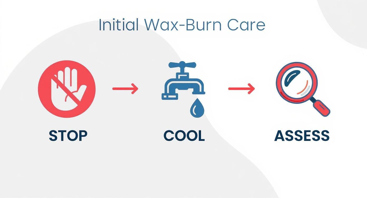 Stop cool assess infographic showing initial wax burn care steps with hand, faucet, and magnifying glass icons