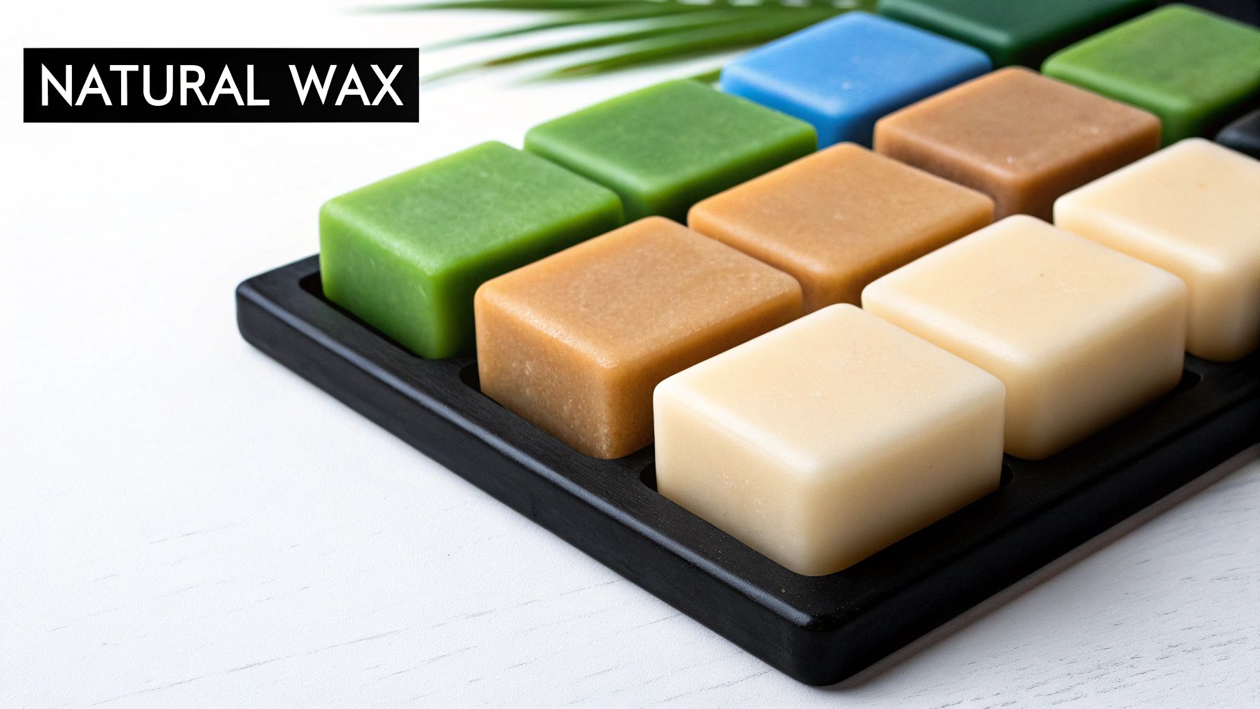 Several unlit candles made from different natural waxes like soy and beeswax, arranged on a rustic wooden surface.