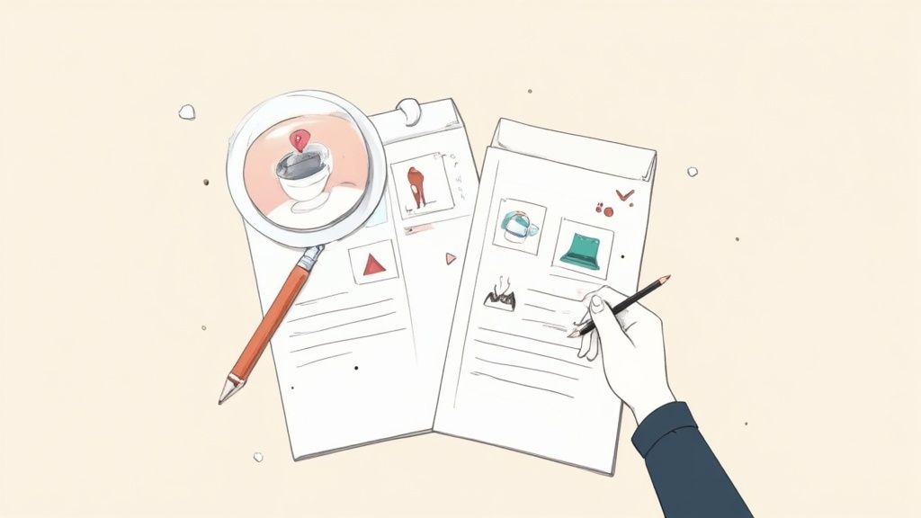 A woman smiling as she looks at a Pinterest board on a laptop, surrounded by craft supplies and personal items.