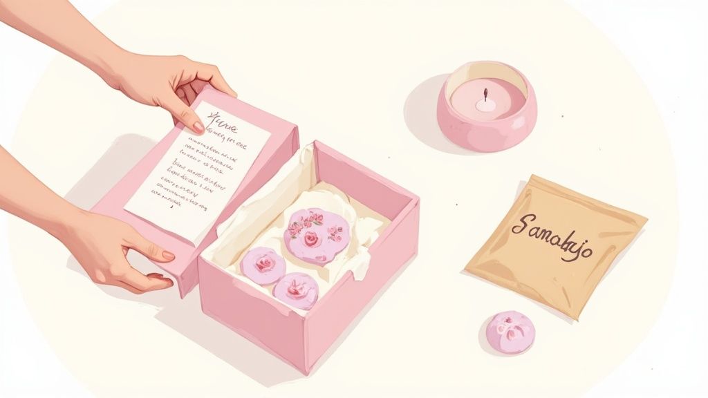 A woman lovingly wraps a birthday gift in beautiful paper with a ribbon.
