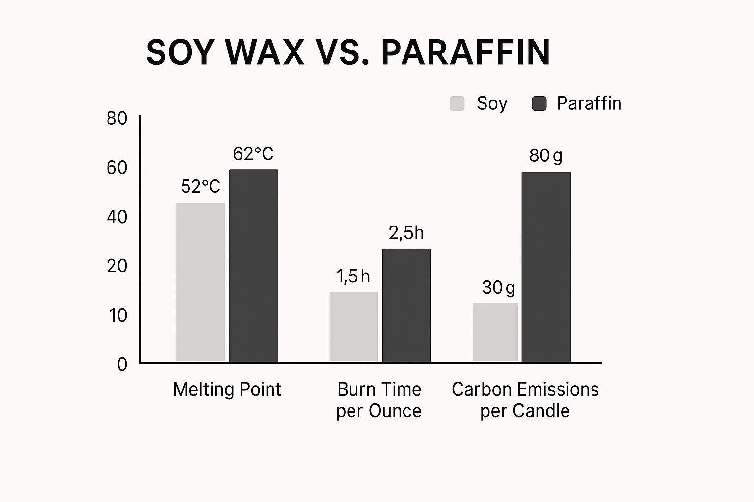 Infographic comparing soy wax and paraffin wax on melting point, burn time, and carbon emissions.