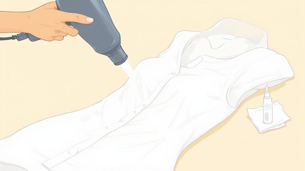 A person pre-treating a stain on a white t-shirt before laundering.