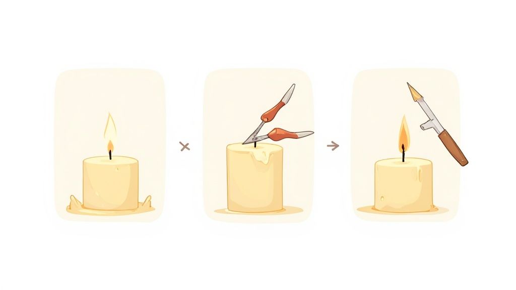 A person trimming the wick of a natural soy wax candle.