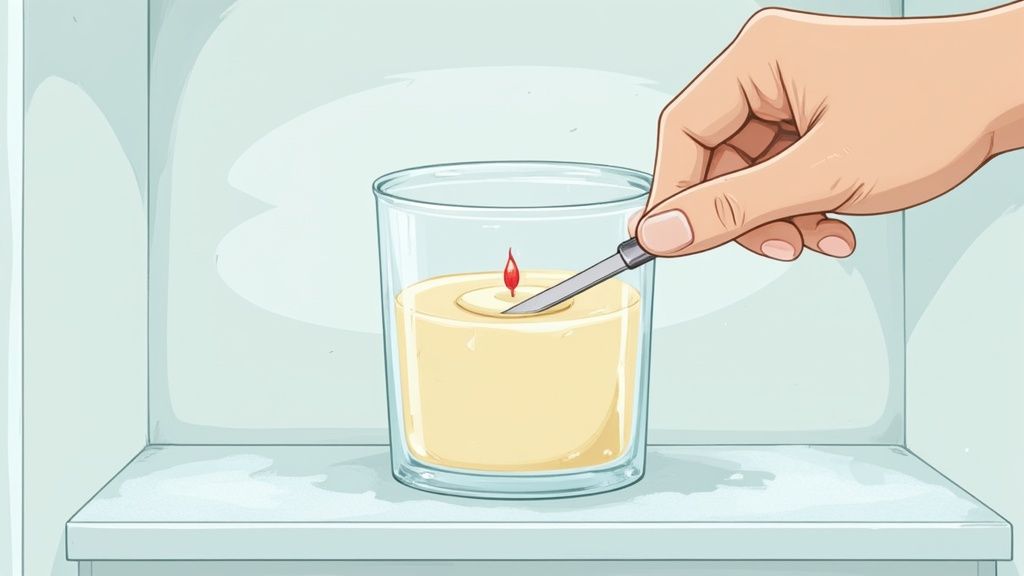 A candle jar in a freezer with ice crystals forming on the glass